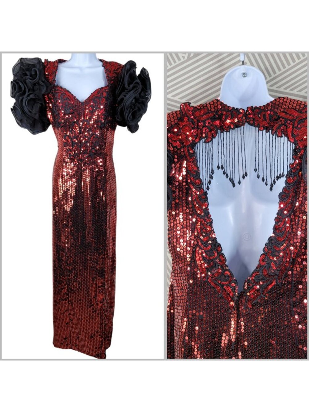 Vintage 80s Couture Organza Sequine Prom Dress Plus Size 18-20 Beaded Red Black